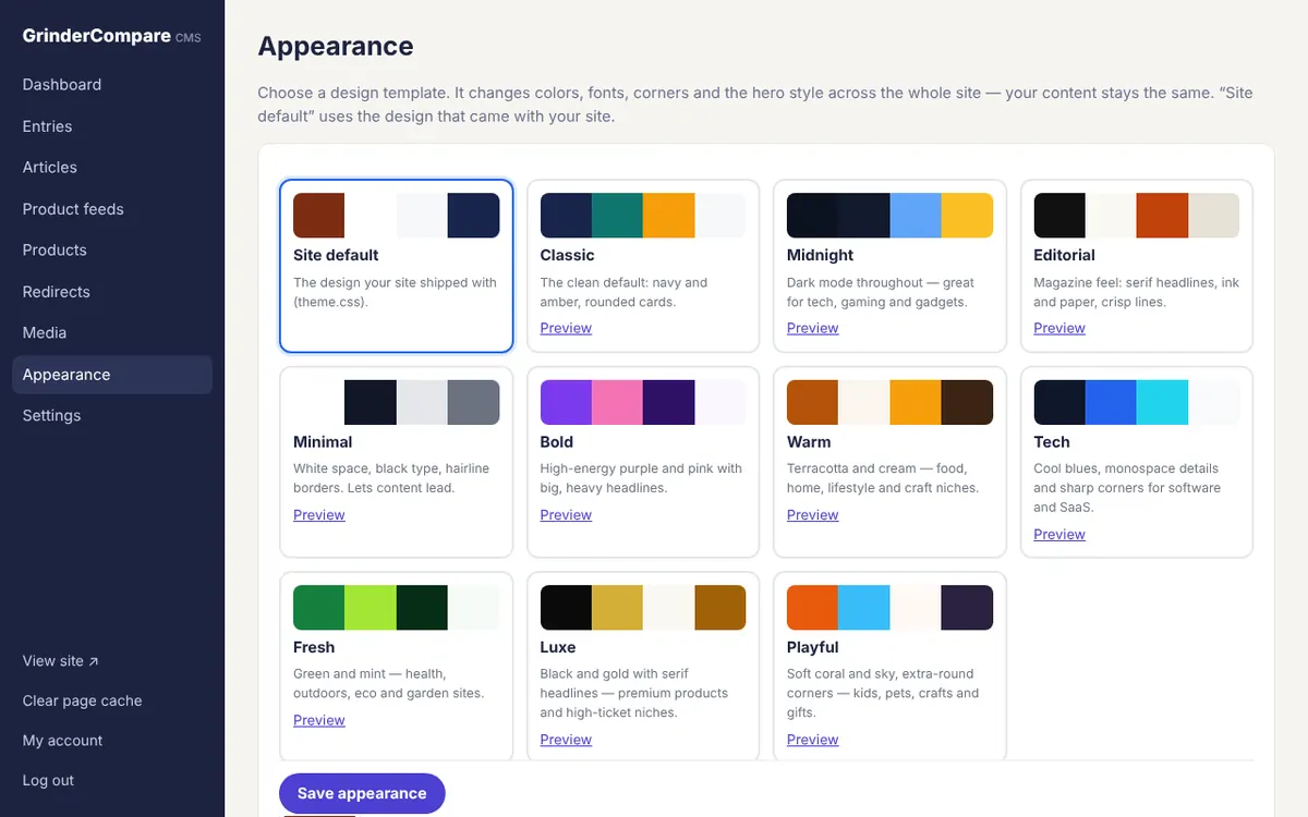 Admin appearance page with 10 templates