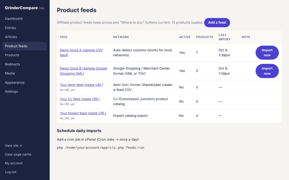 Admin product feeds screen